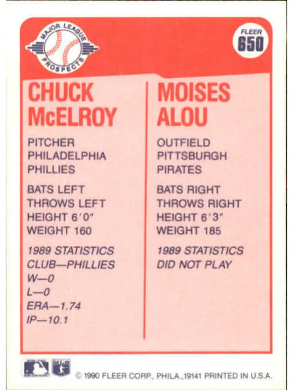 1990 Chuck McElroy / Moises Alou Fleer Baseball Card #650
